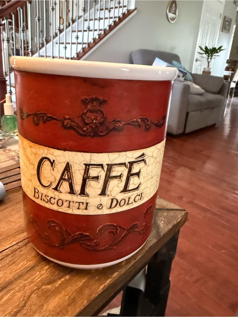 Bed Bath & Beyond Red and Cream Caffé Biscotti Cookie Jar